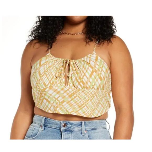 New BP. NORDSTROM ~ Ivory Tan Happy Plaid Tie Detail Crop Camisole Top 2X - Picture 2 of 9
